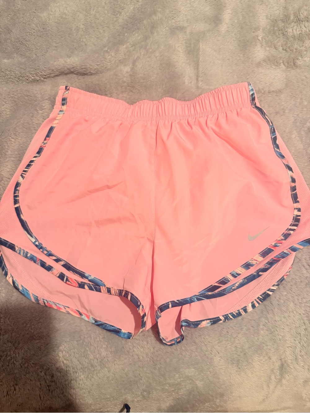 Nike Coral Pink Women's Athletic Shorts with Blue-Pattern Trim